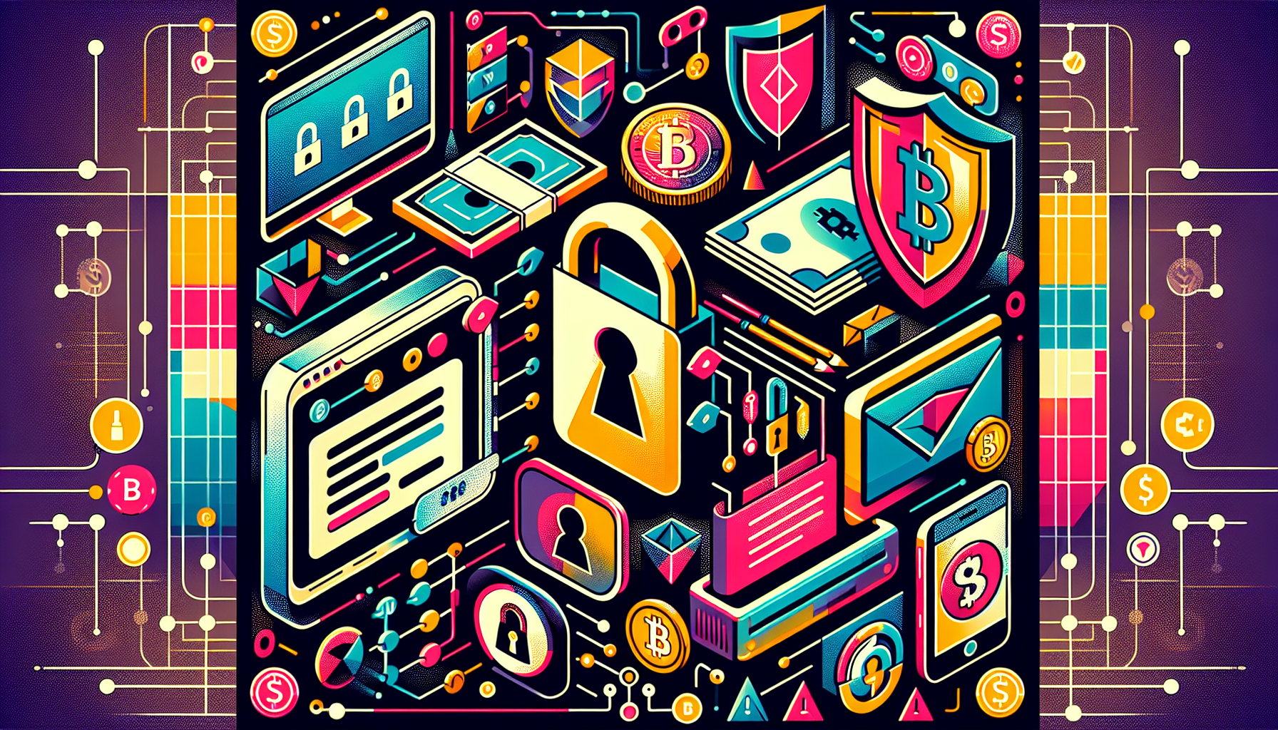 Create an image illustrating essential safety tips when purchasing cryptocurrency without KYC verification. The scene should feature key elements such as a secure digital wallet, masked personal information, and encrypted data channels. Add visual cues like padlocks, shield icons, and network security symbols to emphasize protection and safety. Use a mix of dark and bright colors to signify the importance of caution and security in such transactions.
