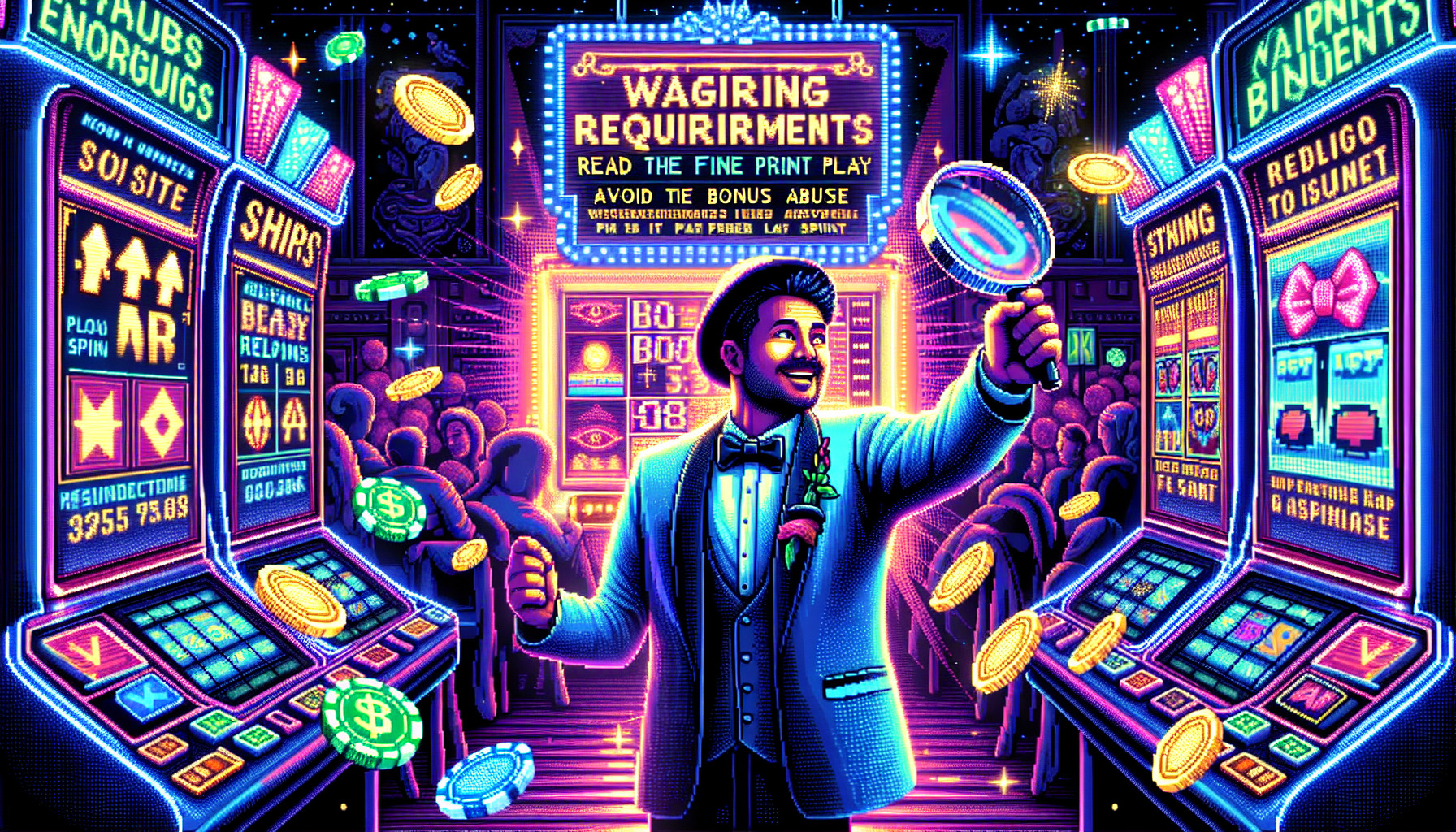 Create an image that depicts a cheerful gambler standing on the edge of a digital slot machine screen, with bright, vibrant colors. The gambler looks puzzled but determined, holding a magnifying glass towards a small section of text labeled Wagering Requirements while directly beneath another sign reads Avoid Bonus Abuse - Play Fair. In the background, faintly glowing images of coins, cards, and spinning slot reels convey the bustling excitement of online casinos. Signs with encouraging tips like Read the Fine Print and Play Smart can hang subtly around, enhancing the theme of navigating and avoiding common pitfalls in the world of casino free spins.