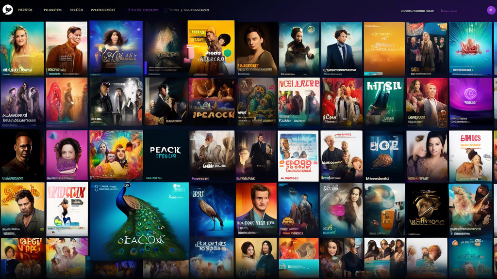 Diverse streaming screen showing a colorful array of movie posters, TV show cards, and live TV channels, highlighting exclusive content from Peacock, with a unique Peacock logo prominently displayed in the corner. Features like new releases, recommended content, and user-friendly interface elements are visible, emphasizing the extensive content library and exclusive offerings of the Peacock subscription.