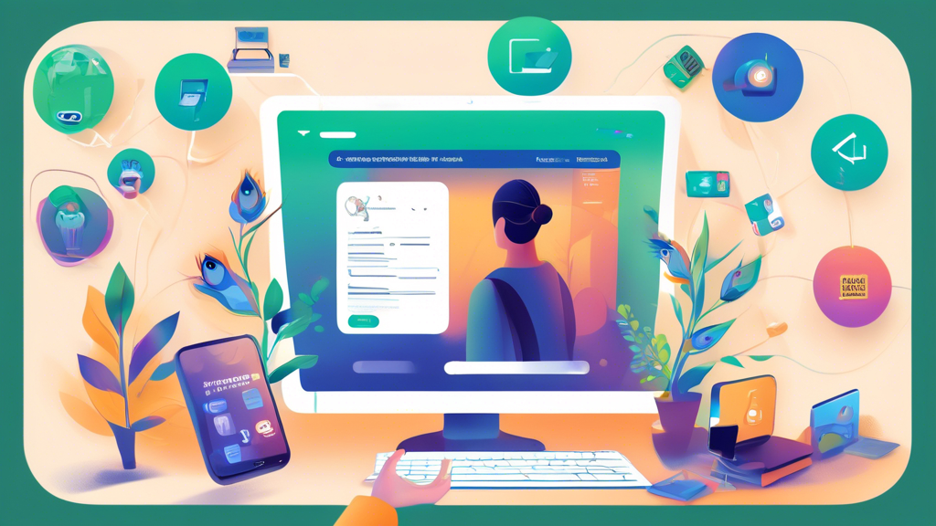 An illustration showing a person following a step-by-step guide on a laptop screen to sign up for a Peacock subscription. The scene includes various devices like a smart TV, tablet, and smartphone, all displaying the Peacock logo, representing the compatibility with multiple platforms. The background should include helpful tip icons and a troubleshooting guide to visually convey advice for optimal usage.
