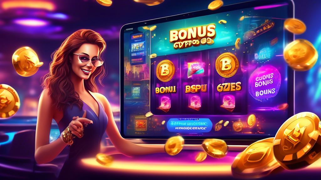 Create an image that captures a vibrant scene inside a modern digital crypto casino, with various free bonus offers prominently displayed. Feature a welcoming sign that says 