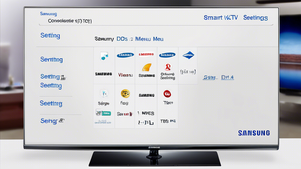 Create an image of a Samsung Smart TV displaying its settings menu. The menu should prominently show the 