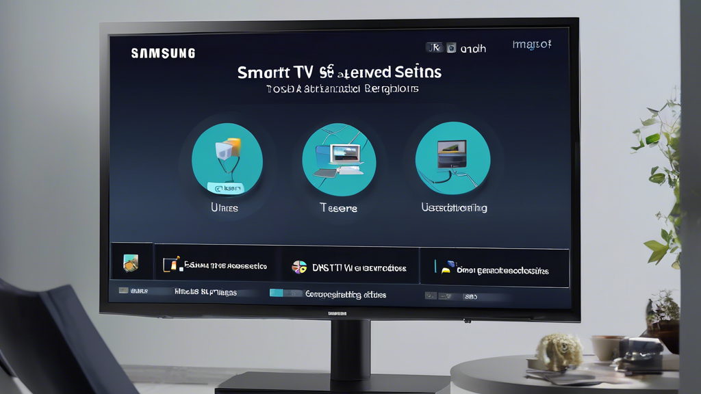 Create an image of a Samsung Smart TV user interface displaying network settings with DNS configuration in progress. The TV screen shows the DNS settings being adjusted, with a tooltip offering tips for selecting the best DNS servers for optimal performance. Include a frustrated user consulting a troubleshooting guide on a laptop next to the TV, symbolizing common issues and solutions. Make the image user-friendly and informative, emphasizing the ease of navigation and troubleshooting tips for DNS configuration.