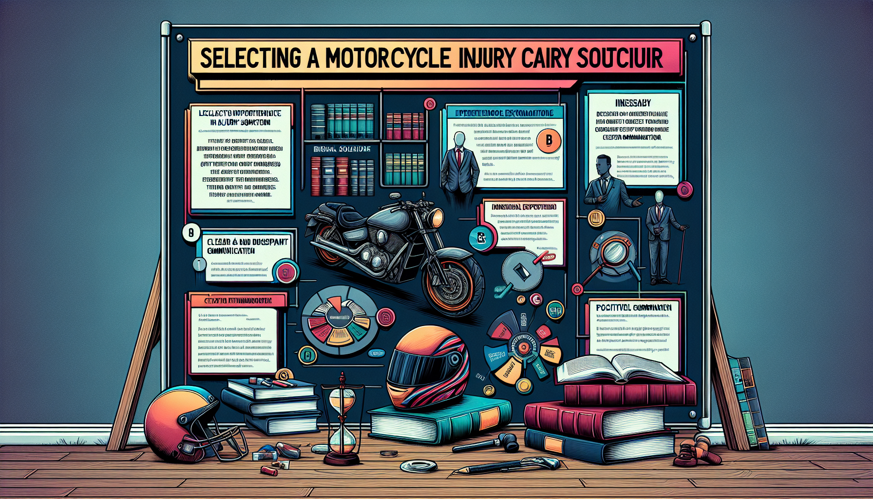 An image of a professional display board at a law firm seminar, providing detailed information on selecting a motorcycle injury solicitor. The board includes bullet points highlighting the importance of experience in handling motorcycle injury cases, the necessity for clear communication and transparency, and showcases positive client testimonials with a background of legal books and a motorcycle helmet placed on the table.