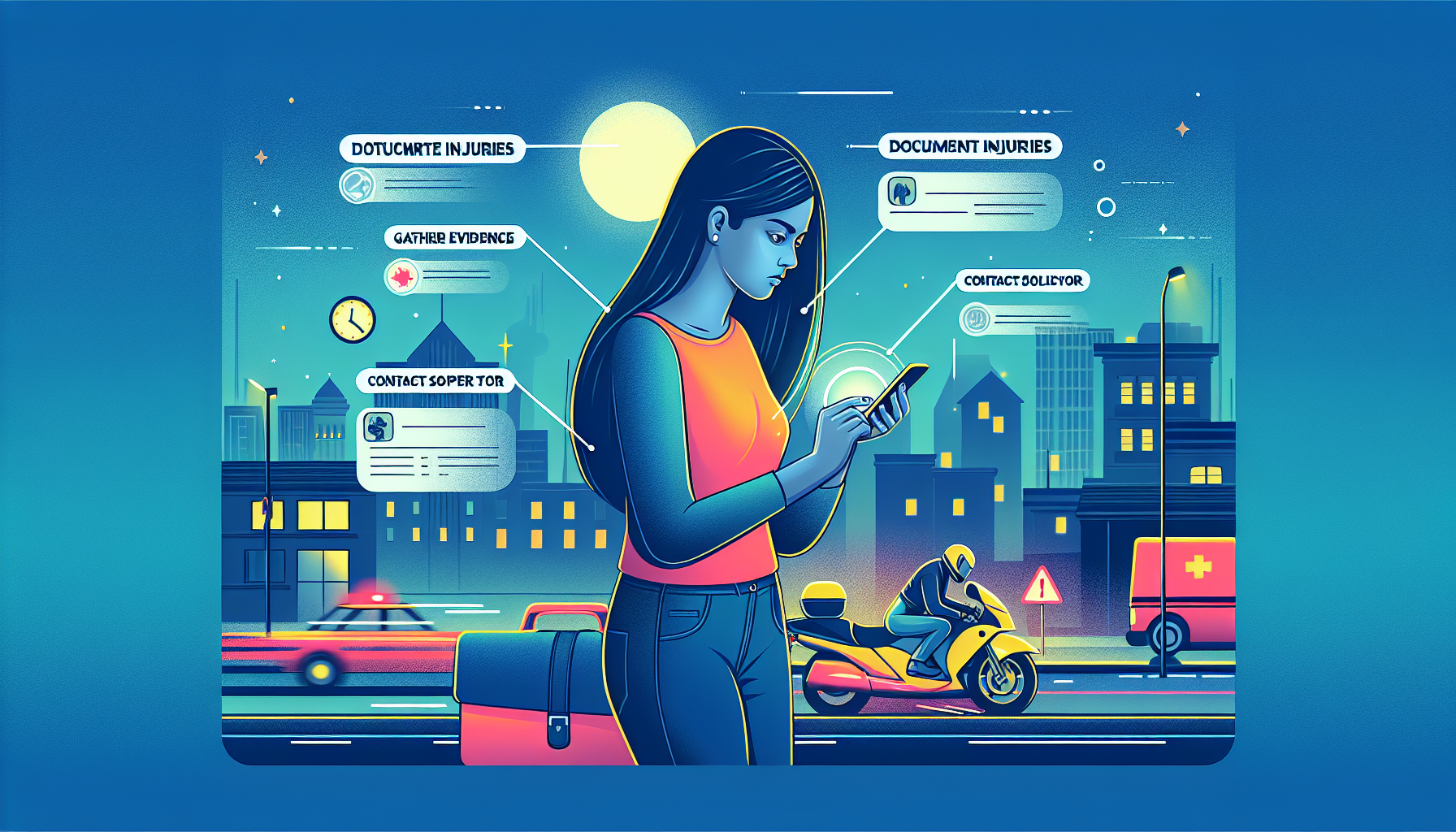 Visual representation of a person involved in a motorcycle accident taking critical steps at the scene: checking injuries, dialing emergency services on a cell phone, and taking photos of the accident for evidence, with a focused, descriptive overlay listing 