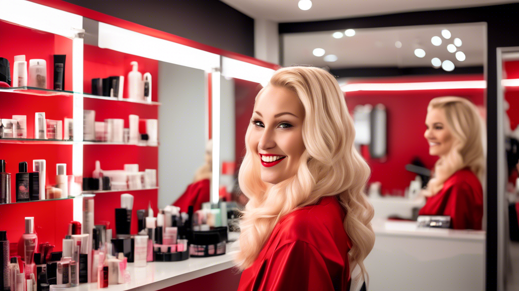 Create an image of a fashionable woman with striking blonde hair accented by vibrant red foils, set in a modern, chic salon environment. She is smiling and checking her reflection in a large mirror, as a stylist explains a range of premium hair care products on the counter. The background features shelves filled with various shampoos, conditioners, and hair treatments specifically designed for colored hair. The overall atmosphere should be bright, stylish, and contemporary to emphasize the importance of maintaining the beautiful, bold look of blonde hair with red foils.