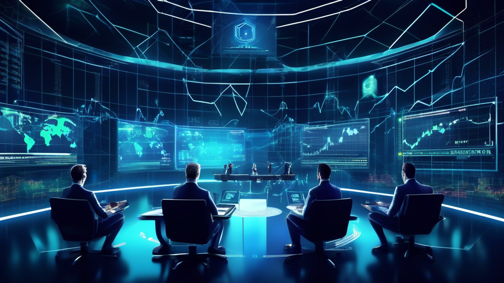 Create an image that visually represents the future of Forex Crypto trading. Include futuristic elements such as digital currency symbols, advanced trading charts projected in a virtual environment, and a diverse group of traders utilizing innovative technology (like VR headsets or holograms) to analyze market trends. Incorporate symbols of regulation, like a gavel or government building, to signify regulatory developments. The overall atmosphere should convey a sense of progress and the fast-paced evolution of currency trading in the digital age, emphasizing global connectivity and security.