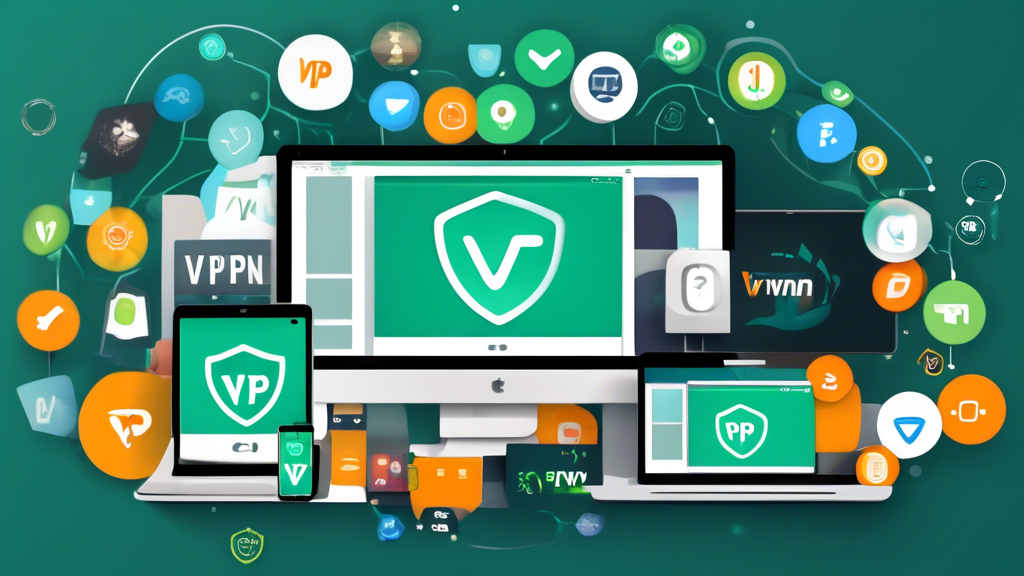 Create an image showing a variety of digital devices, such as a laptop, smartphone, and tablet, with a distinct VPN shield icon on their screens. Surround these devices with logo icons of top free VPN services like ProtonVPN, Windscribe, and TunnelBear. Include a background depicting various websites and online services with a 