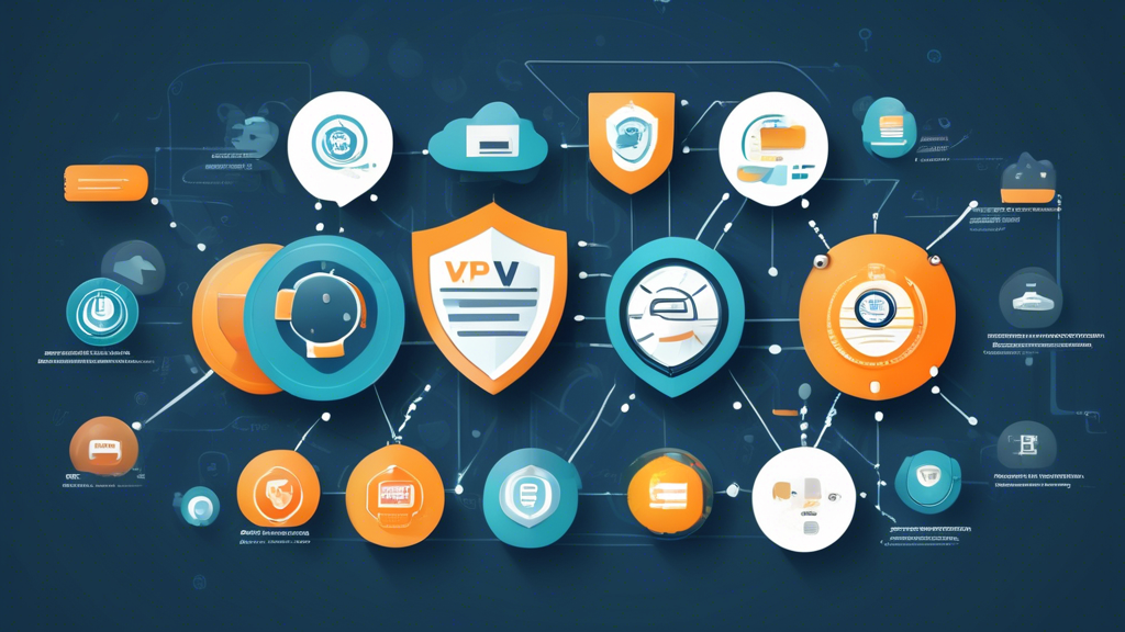 Create an infographic-style illustration that visually explains the process of choosing the best free VPN for accessing blocked sites. Include icons and graphics representing security and privacy considerations (like a shield or lock), performance factors (speedometer, connectivity icons), and a section highlighting user reviews and expert recommendations with star ratings and comment bubbles. Use a clean, modern design with a focus on simplicity and clarity.