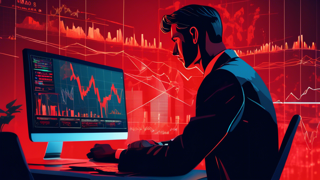 Create an image depicting a trader at a computer screen filled with financial charts, looking concerned as red warning alerts for 