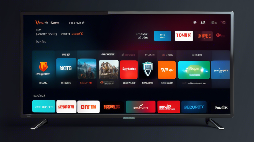 Create an image of a sleek Firestick device connected to a modern smart TV showing a user-friendly VPN interface with various security options and streaming services available. The VPN interface should prominently display features like Strong Encryption, No-Log Policy, and High Speed. Include visuals like padlocks for security and speedometer icons for performance. The background should include elements of support, such as a chat bubble icon or a headset, to signify good customer service. Let the image convey ease of use, protection, and efficient streaming.