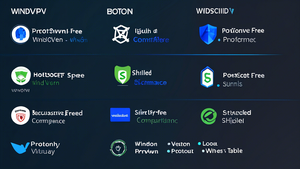 Create an image featuring the logos of Windscribe, ProtonVPN, and Hotspot Shield Free, arranged side-by-side in a modern, sleek layout. Below each logo, include brief descriptions of their main features: security, speed, and performance. At the bottom of the image, present a comparative summary table highlighting the key advantages and disadvantages of each VPN, focusing on their suitability for Firestick users in 2023. Use a professional and tech-savvy color scheme to convey reliability and modern technology.