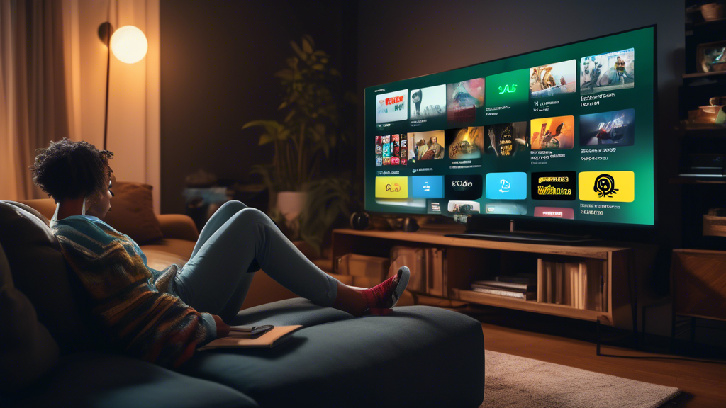 Create an image showing a person enjoying a seamless streaming experience on a living room couch, with a TV in front displaying popular streaming services like Netflix, Hulu, and Amazon Prime. Include icons or visuals that represent geo-restrictions being bypassed, such as digital barriers or locks being opened. Use the CyberGhost logo and some visual elements that connote speed and performance, such as speedometer graphics, to emphasize the enhanced streaming capabilities provided by CyberGhost Smart DNS.