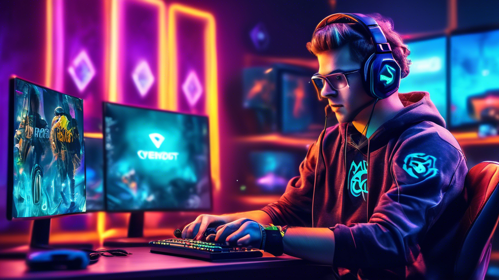 Create an image showing a vibrant online gaming scene enhanced by CyberGhost Smart DNS. The foreground features a gamer with a headset intensely focused, with symbols of reduced latency and enhanced security surrounding the player. In the background, digital elements represent various devices like gaming consoles and computers, all connected harmoniously. The CyberGhost Smart DNS logo subtly integrates into the scene, emphasizing its role in improving gaming performance and security.