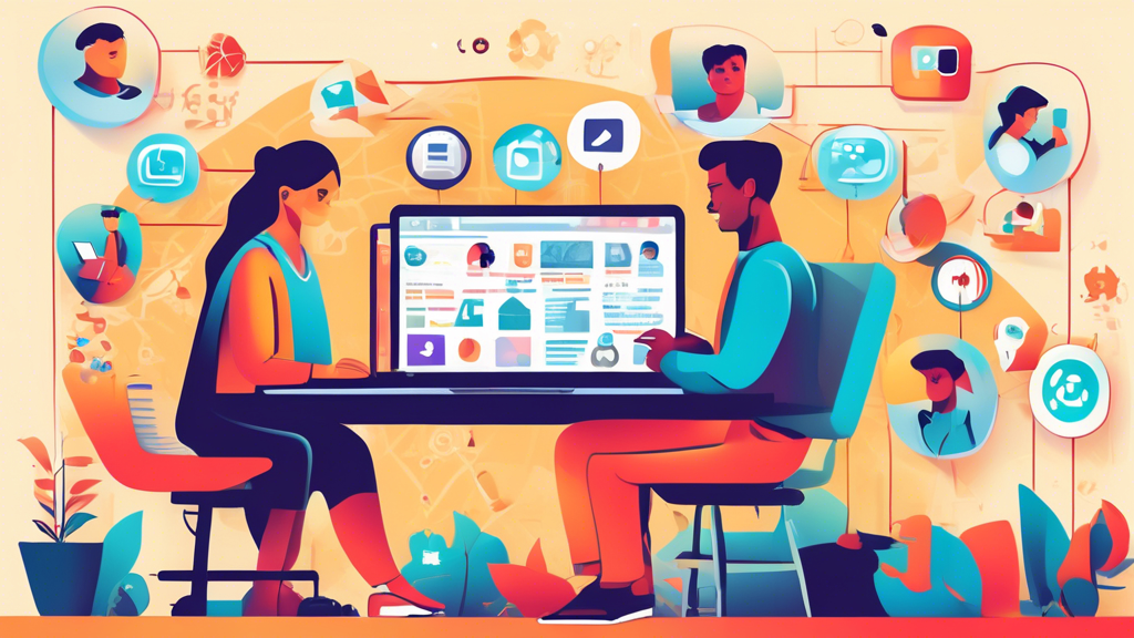 Create a detailed illustration showing a person using a laptop to browse an online directory, surrounded by icons representing social media platforms and a local community bulletin board, emphasizing the idea of leveraging multiple online resources and community recommendations to locate a reputable DOT examiner nearby.