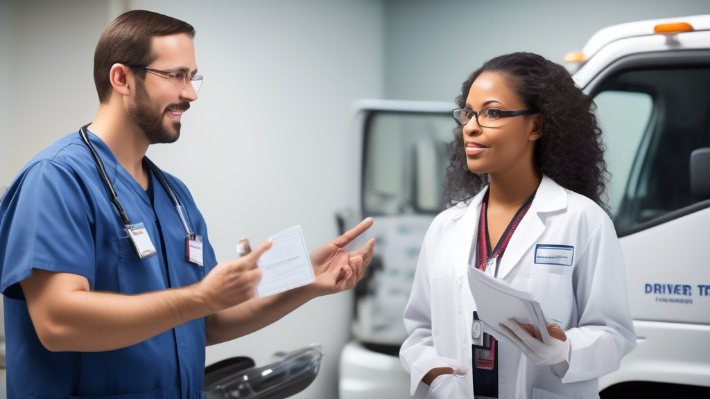 Create an image featuring a commercial driver in conversation with a DOT examiner in a professional medical setting. The surroundings include certification plaques on the wall and medical examination equipment in the background. Both the driver and the examiner appear engaged in a formal discussion, showcasing the evaluation process. Highlight the friendly demeanor and professionalism of the DOT examiner, emphasizing a sense of trust and reliability. Add a subtle overlay of 5-star reviews and testimonials around the scene to represent positive feedback and high standards. Include a caption that says, Evaluating and Choosing the Best DOT Examiner Near Me.
