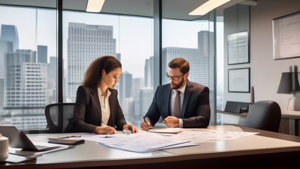 Create an image that encapsulates the critical considerations when selecting an injury law firm. Showcase a modern office setting with a lawyer and a client discussing details at a comfortable table. Highlight elements related to location (such as a cityscape visible through the window), fee structures (depicted by documents labeled contingency fees and payment options), and clear communication (displayed by a calendar, notepad, or tablet indicating scheduled consultation updates). Include subtle legal symbols like scales of justice or law books to underline the context.