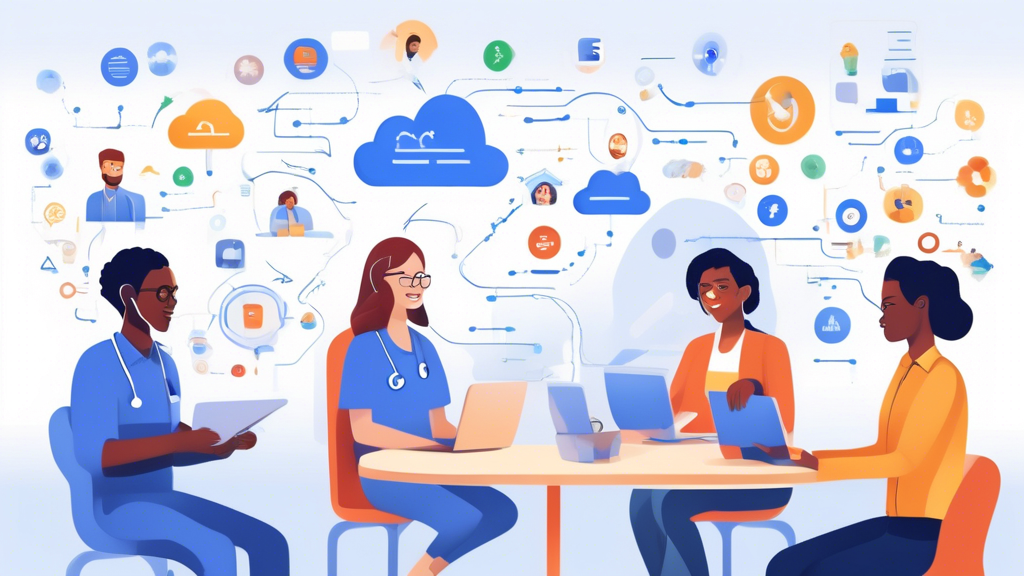 An image depicting various applications of Google Cloud Text-to-Speech technology across different sectors. Showcase a customer service representative using an advanced Voice Assistant, a classroom scene with diverse students using interactive learning platforms, and a healthcare setting where the technology assists individuals with speech impairments. The image should be modern, futuristic, and diverse to highlight the different industries benefiting from Google Cloud Text-to-Speech.