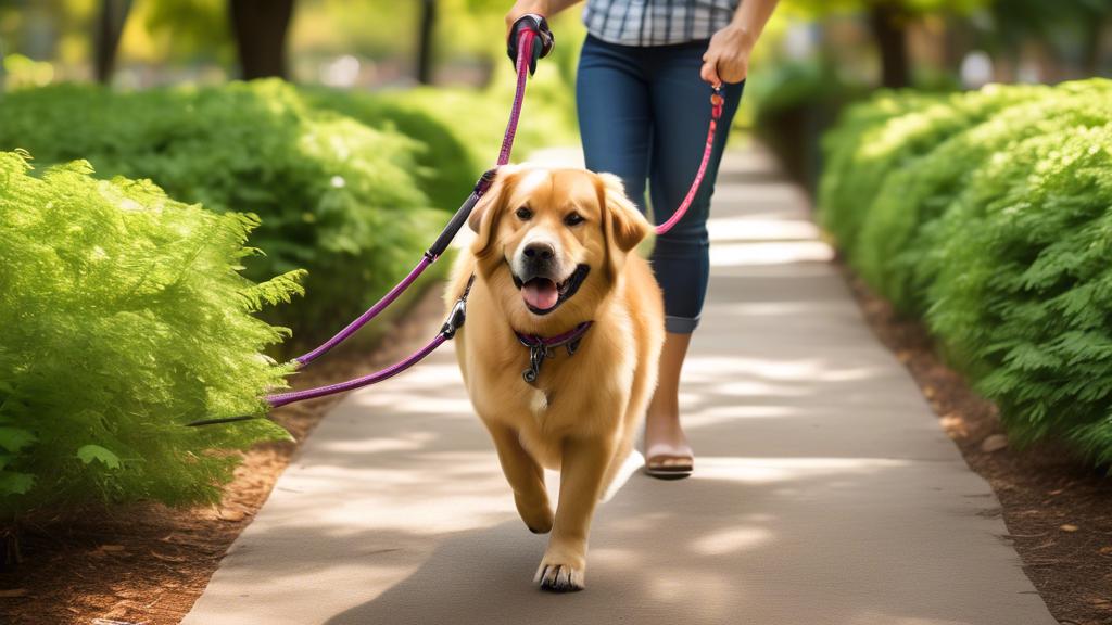 Prompt: A large, happy dog exploring a park while on a Flexi Giant leash, showcasing ample roaming space for the dog. The leash allows the dog to move freely with a background of lush greenery, demonstrating its flexibility and the comfort it offers compared to traditional leashes. An owner is seen holding the leash comfortably, showing how it enhances the dog