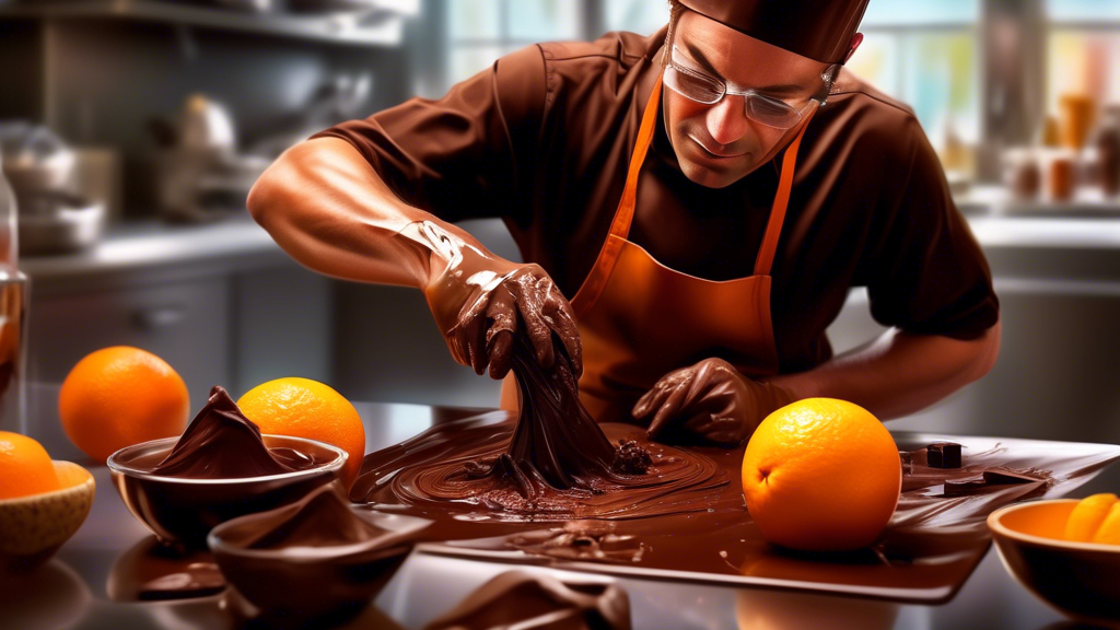 Close-up of a chocolatier expertly blending melted dark chocolate with fresh orange zest, against a backdrop of bustling, upscale dessert kitchen, illustrated in vibrant, realistic colors.