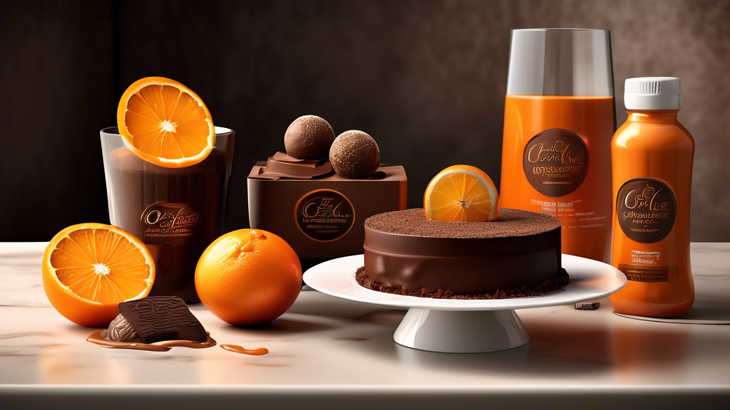 An elegantly arranged display of innovative chocolate orange flavored products, including gourmet truffles, a layered chocolate orange cake, and a frothy chocolate orange beverage, set in a modern, stylish kitchen environment.