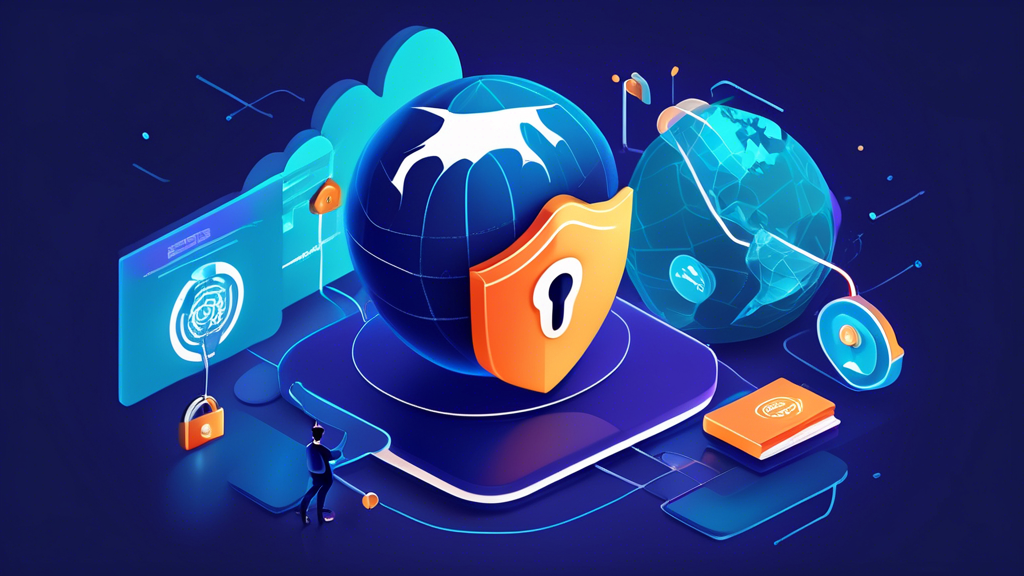 Create a digital illustration that highlights the key benefits of using a Virtual Private Network (VPN). The image should feature elements representing enhanced online security (a padlock symbol over a computer), internet anonymity (a person browsing the web with a mask on), and access to geo-restricted content (a globe with location pins and unlocked content like streaming services). Use a modern, sleek design with a dark blue color theme to convey the tech-oriented nature of VPNs.