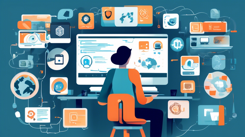 Create an image that shows a person sitting at a desk, surrounded by various digital devices like a laptop, smartphone, and tablet. On the screens, there are icons representing VPNs, encrypted browsers, and privacy settings being adjusted. The person is attentively engaged in actions like deleting old accounts, clearing browser history, and updating passwords. There are also digital notifications about data minimization, advocating to share less personal information online. The background features a digital network grid to symbolize the connection to the internet.
