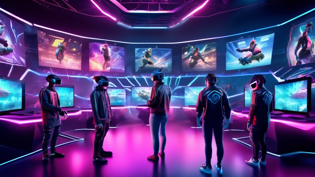 Create an image depicting the future trends and opportunities in esport earnings. Show a vibrant scene of a futuristic esports arena incorporating advanced technology like Virtual Reality (VR) and Augmented Reality (AR). The image should include a diverse group of players, showcasing inclusivity and a dynamic atmosphere with holographic advertisements. Highlight innovative and sustainable monetization methods visible across the venue, hinting at sustainable economic models.