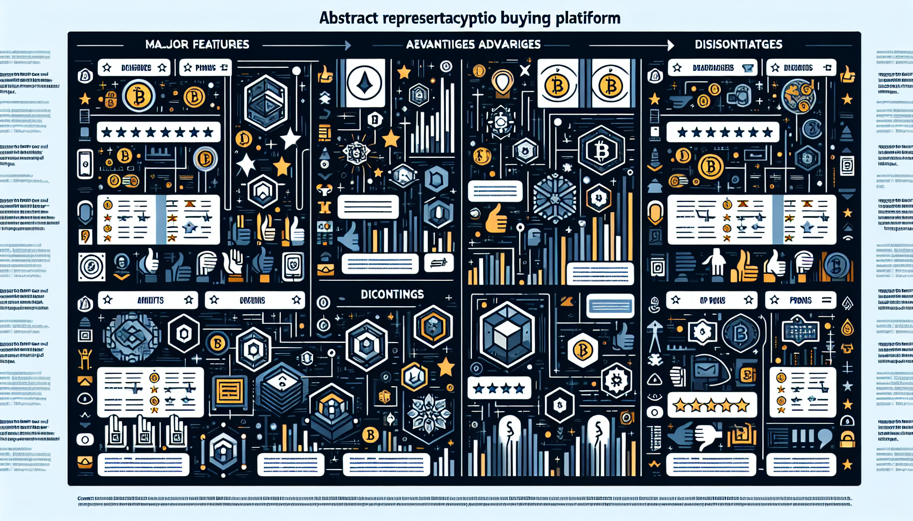 Generate a detailed comparison image of the top crypto buying platforms in 2023. The image should show a grid with columns for each platform, listing their major features, pros and cons, and user ratings. Incorporate elements like star ratings, thumbs up/down symbols, and visually appealing graphics that represent each platform (e.g., logos or mascots). The design should be clean, modern, and easy to read, capturing the essence of a professional review and comparison.