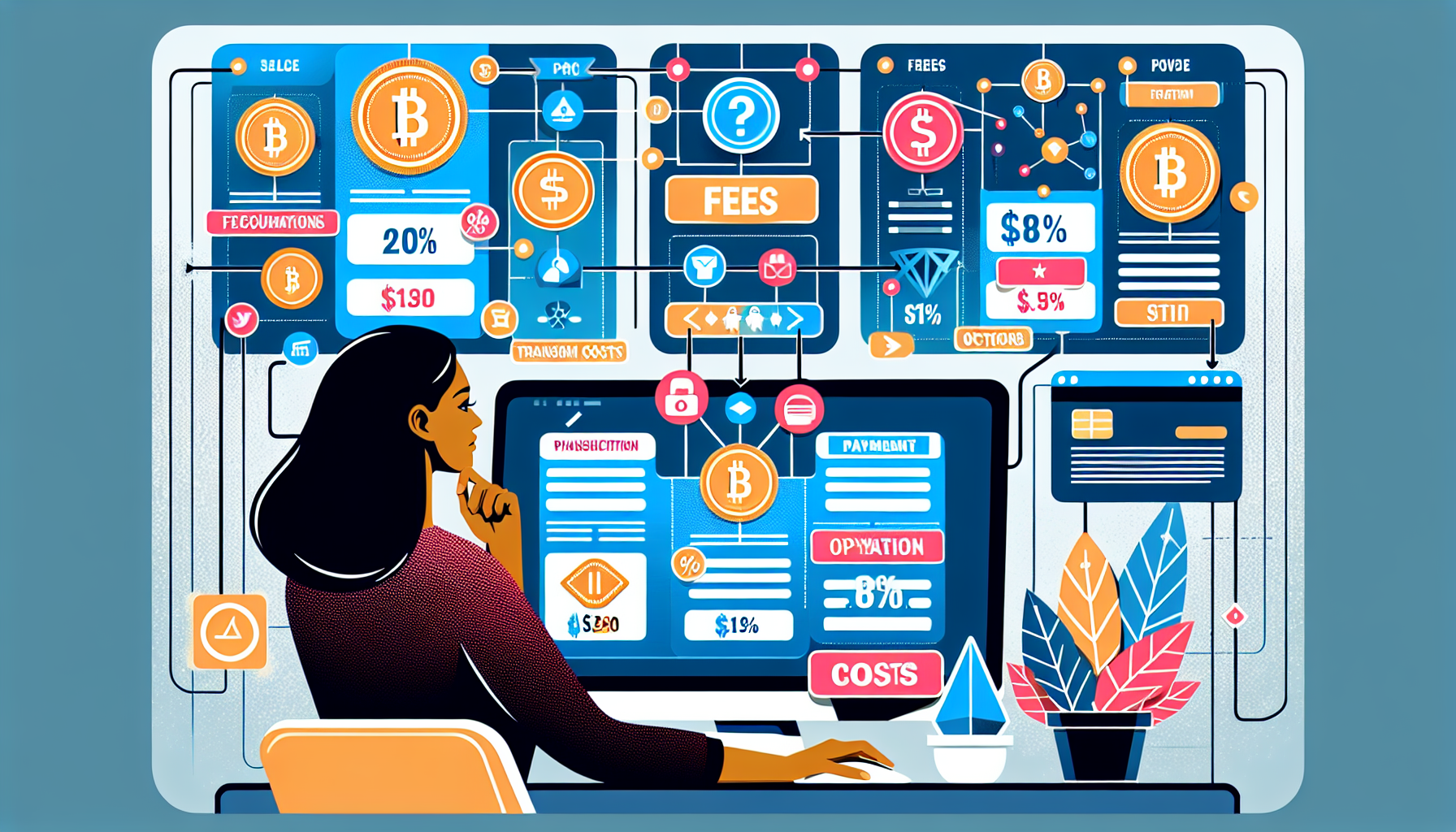 Create an illustration of a decision-making process for selecting the best site to buy cryptocurrency. The image should show a person comparing various websites, with key criteria such as fees, transaction costs, payment options, and additional services highlighted. Include icons for each criterion (e.g., a percentage sign for fees, a credit card for payment options) and a background filled with subtle elements related to cryptocurrency, like digital coins and blockchain symbols. The illustration should be modern and visually engaging, capturing the essence of making an informed choice in the digital currency space.