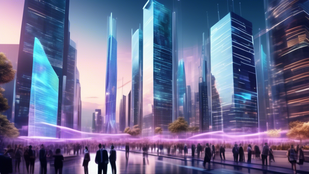 A futuristic financial hub: A sleek, modern cityscape where towering skyscrapers feature holographic displays of blockchain technologies. In the foreground, several businesses exhibit key innovations like smart contracts, decentralized ledgers, and real-time global transactions on large transparent screens. Include scenes of diverse professionals collaborating on blockchain terminals, and a few case study posters showcasing successful blockchain implementations in financial services. The background should have a blend of traditional banks and fintech companies, symbolizing the integration of new technologies into established financial systems.