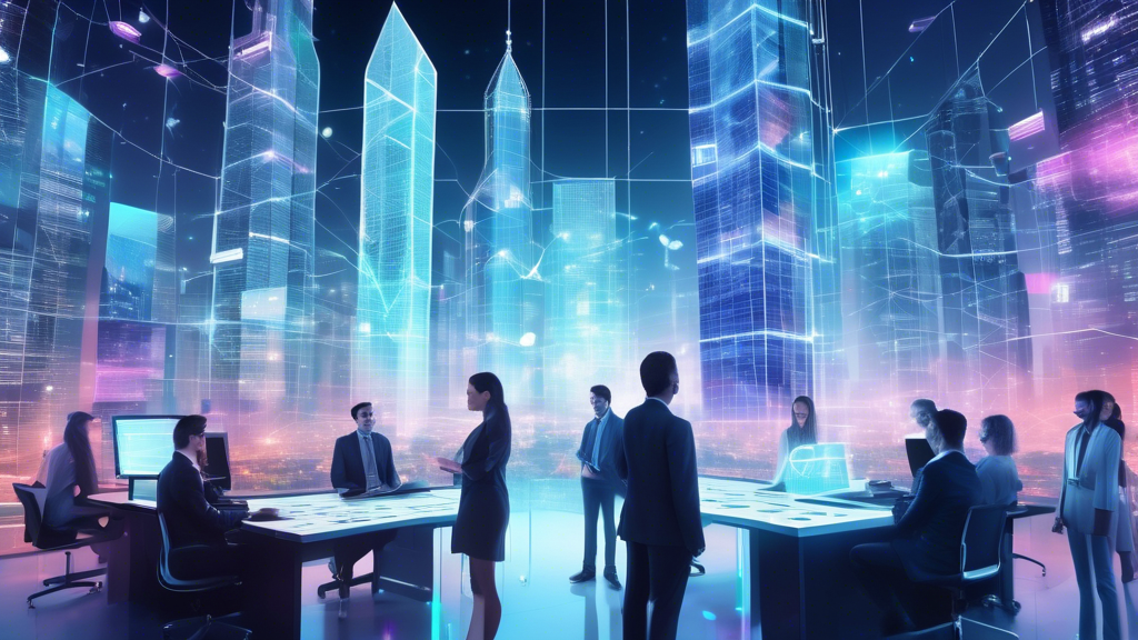 A futuristic cityscape with towering skyscrapers featuring holographic displays, representing the growth of financial blockchain companies. In the foreground, highlight a group of diverse blockchain experts analyzing data on transparent, floating screens. Surround them with symbols representing blockchain technology, like blockchain nodes, cryptographic keys, and digital ledgers. In the background, show regulatory and legal icons to signify the challenges and hurdles in the industry. The color scheme should convey a blend of innovation and caution, using bright hues for technology and darker tones for regulatory elements.