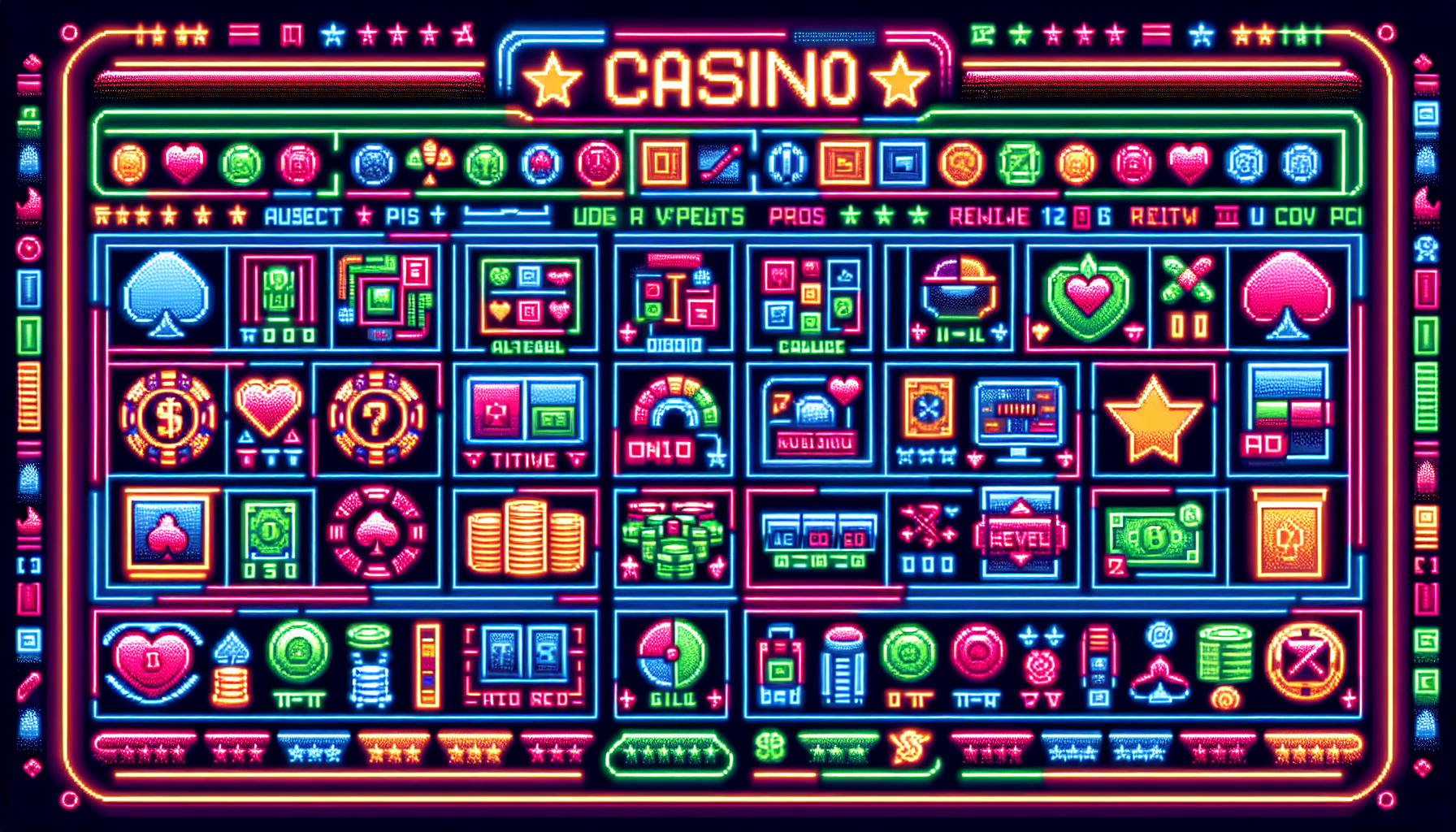 Create an image showing a vibrant, digital casino review page with ten distinct online casino icons or logos arranged neatly. Each casino should have a brief highlighted text next to it, showcasing unique features, advantages, pros, and cons based on user feedback. The backdrop should subtly resemble a digital game screen with eye-catching colors and elements like chips, cards, slot machines, and user ratings.