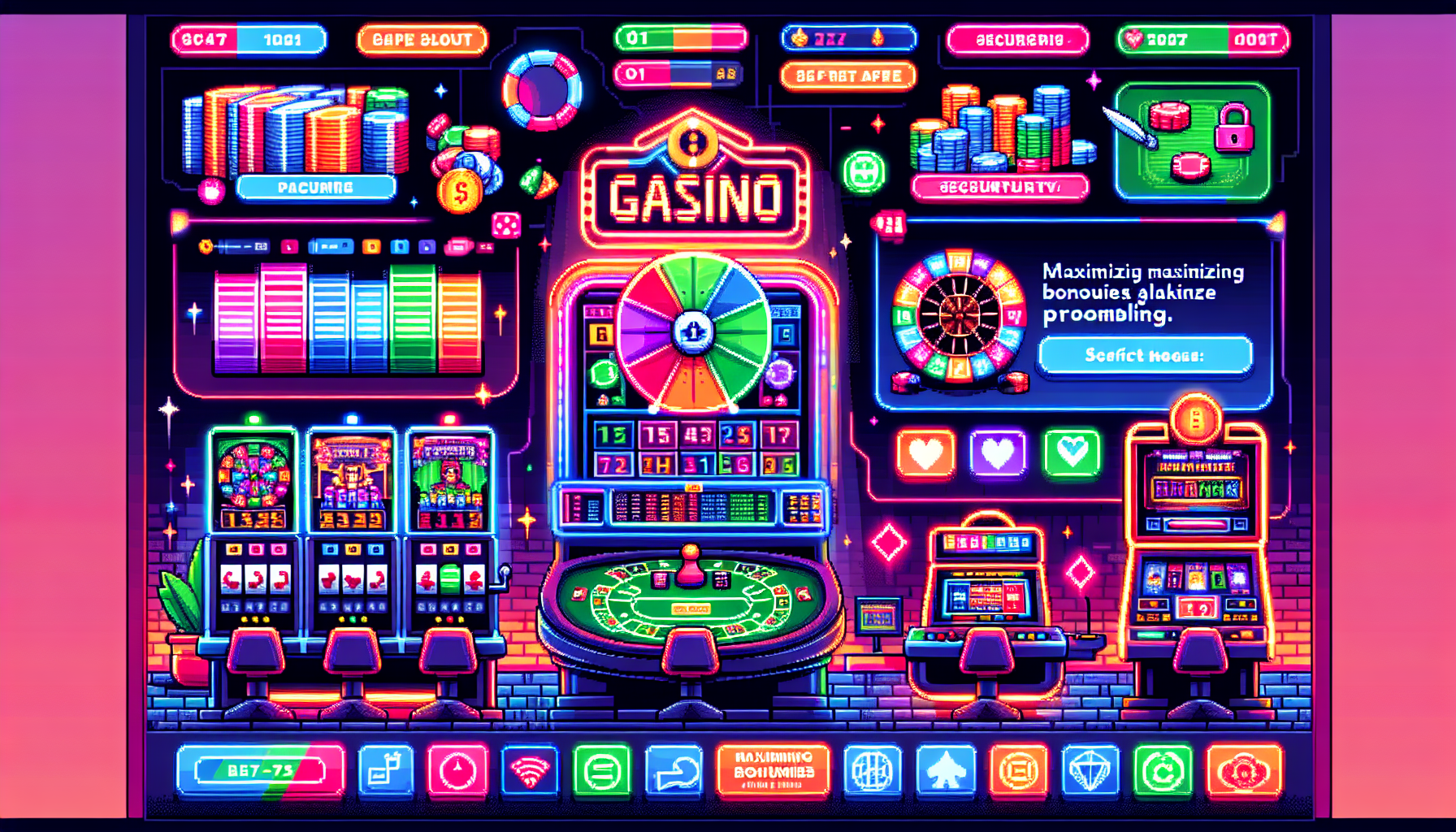 Create an image showcasing a vibrant, engaging scene at a top online casino experience. The image should feature a virtual casino interface with various slot machines, poker tables, and roulette wheels. Include pop-up tips for responsible gambling, a banner for maximizing bonuses and promotions, and icons emphasizing security measures (like a padlock or shield). The overall vibe should be exciting yet secure, encouraging safe and enjoyable gaming.