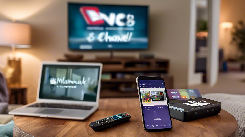 A cozy living room with various streaming devices around, showing the Hallmark Channel logo on a TV screen. A person with a remote in hand, a laptop open with the Hallmark Channel website, and a smartphone with the Hallmark Channel app visible. Step-by-step guides and easy-to-follow instructions displayed around the setting, indicating how to set up and personalize the Hallmark Channel Streaming experience.