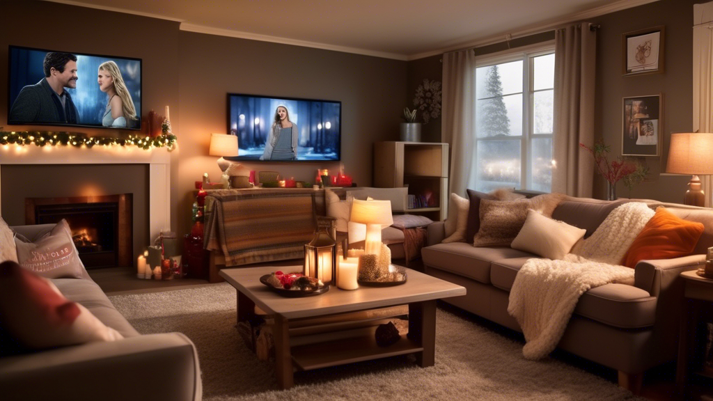 Create an image displaying a cozy living room setup with a smart TV showcasing a selection of popular romantic movies and TV series available on Hallmark Channel Streaming. The room should be decorated with soft lighting, a comfy couch filled with fluffy pillows, and a warm blanket draped over the side. Include visual posters or thumbnails of ‘must-watch’ Hallmark films and series, along with festive holiday décor indicating special seasonal highlights. The scene should evoke feelings of warmth, comfort, and romance.