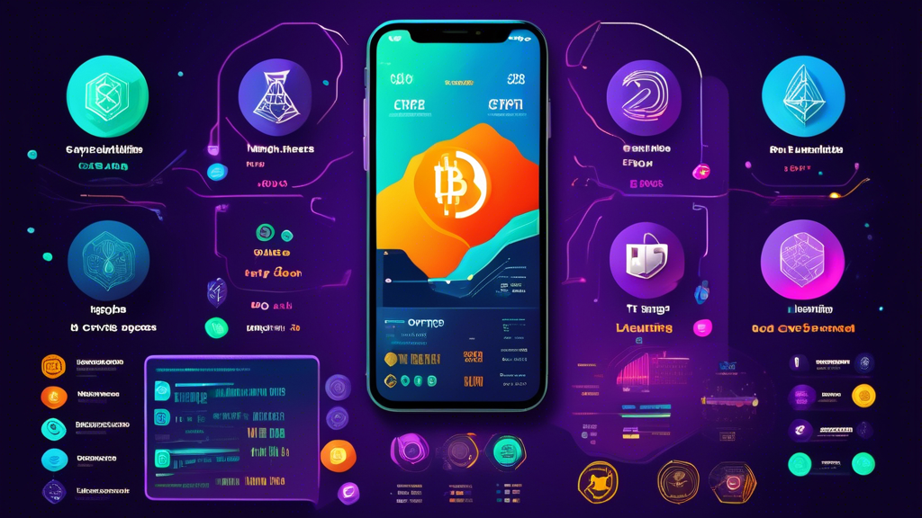 Create a visually engaging infographic that compares the top crypto trading apps of 2023. Include key elements like app logos, pros and cons, a comparison of fees, supported cryptocurrencies, and liquidity. Incorporate user ratings and feedback in a clear, easy-to-read format. Use vibrant colors and modern design elements to make the information visually appealing and informative.