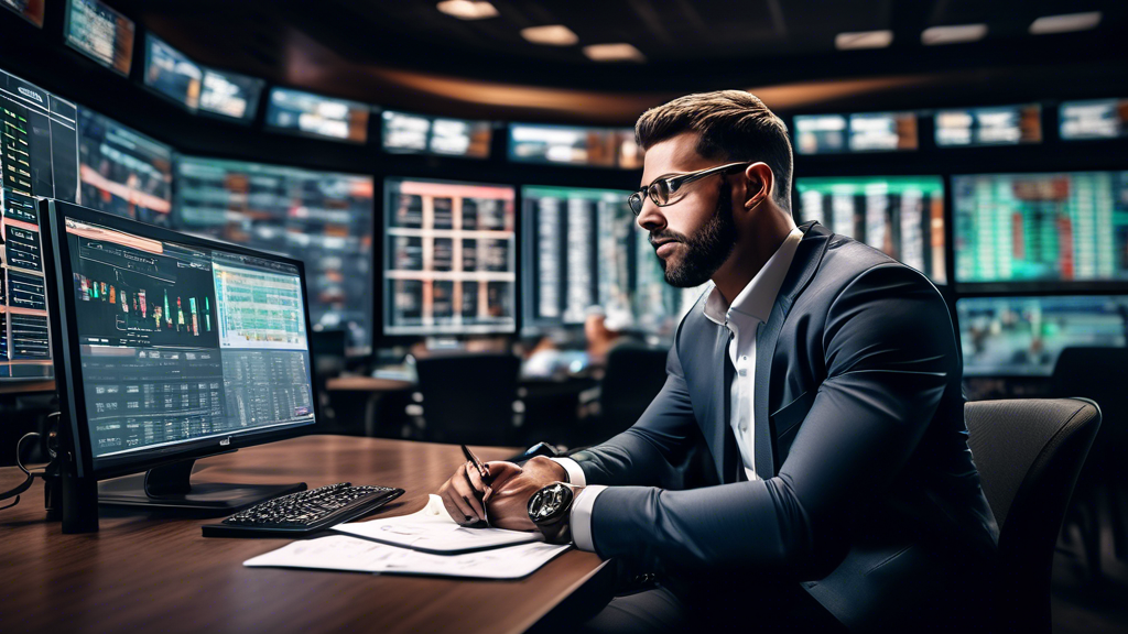 Create an image showcasing a confident sports analyst surrounded by screens displaying real-time sports statistics, charts, and betting odds. The analyst is reviewing papers with notes on bankroll management techniques and research methods for informed betting decisions. Include elements like a calculator, a chalkboard with game strategies, and a coffee cup to evoke a focused, analytical environment. The overall atmosphere should convey expertise and strategic thinking in the world of sports bets today.