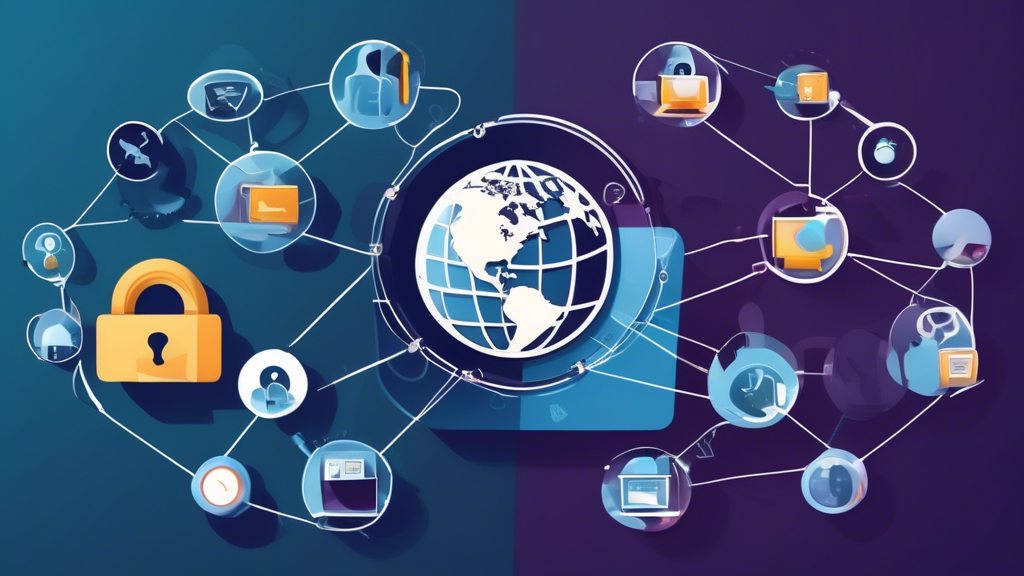 Create an image that visually represents various methods to access restricted websites. The central focus should be a person using a laptop with icons around them depicting VPNs, proxy servers, and web-based proxy services. The background can feature an abstract globe or network of connections to emphasize global internet access and anonymity. Include a padlock being unlocked to symbolize overcoming web restrictions.