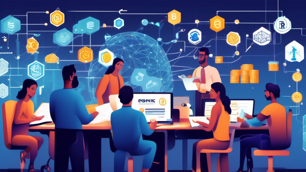 Bustling digital marketplace with diverse cryptocurrency activities: animated miners working on mining rigs, individuals staking cryptocurrencies, people exchanging and trading various cryptocurrencies on exchanges, others receiving airdrops and blockchain forks, and a tax advisor in the foreground holding IRS forms (e.g., Form 8949) while explaining tax implications. The background includes symbols and icons representing cryptocurrency transactions and the IRS.