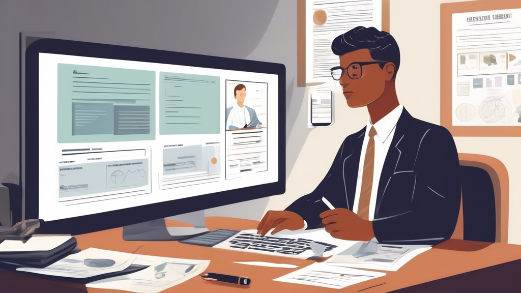 Create an image that depicts a person sitting at a desk, surrounded by legal documents and a computer screen displaying a law firm