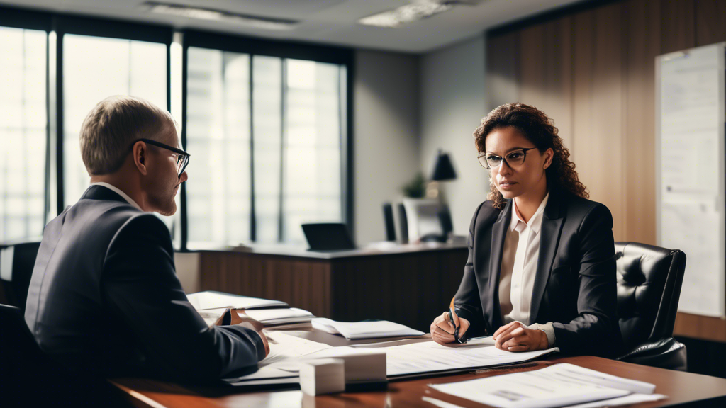 A person sitting in a modern office setting, engaged in a thoughtful conversation with a lawyer across the table. The table is filled with neatly organized documents, a notepad, and a laptop. The lawyer is presenting a clear and professional demeanor, while the person appears to be asking prepared questions. In the background, the law firm