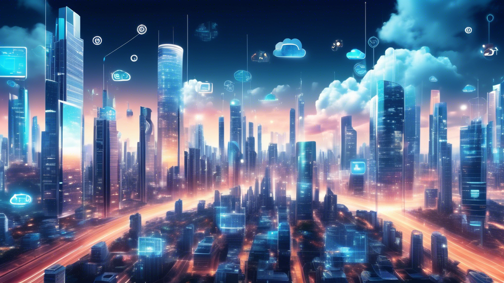 Create an image of a futuristic city skyline with numerous high-tech skyscrapers, each one adorned with cloud icons on their facades. The sky above is filled with vibrant, interconnected digital streams symbolizing data flow. In the foreground, diverse business people are engaged in various activities, utilizing smart devices seamlessly connected to the cloud. Emphasize the fluid integration of cloud storage symbolized by ethereal, glowing data clouds surrounding them, representing flexibility, scalability, security, and accessibility.

*Keyword Focus: unlimited cloud storage*