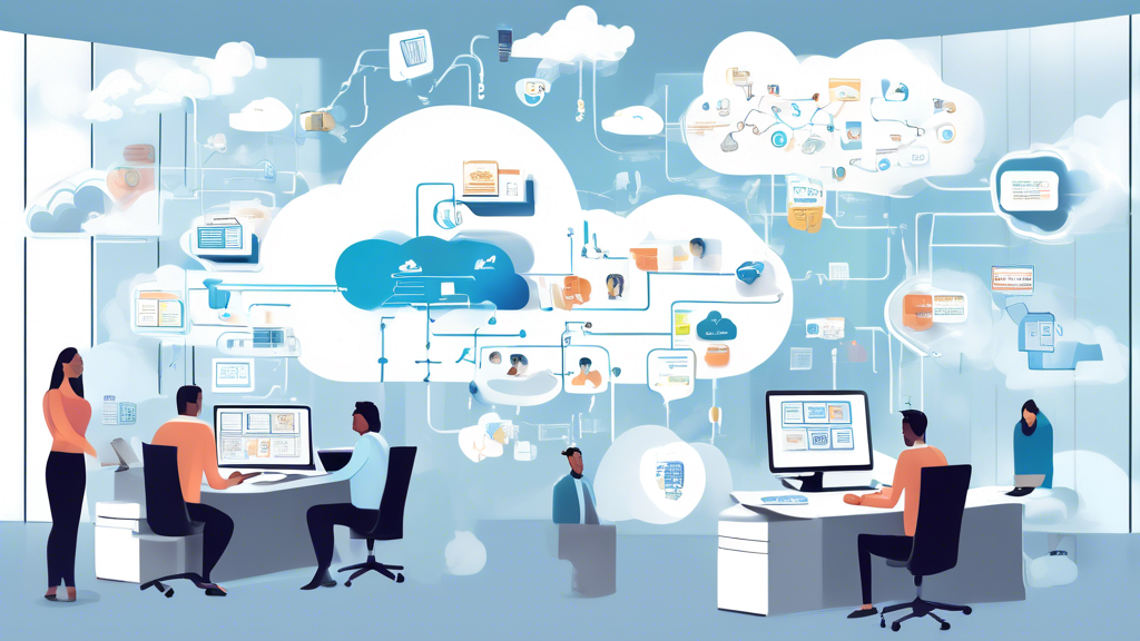 Create an image that shows a modern office environment where employees are integrating and migrating data to a cloud system. There are visuals of large cloud icons filled with data, laptops, and servers connected to these clouds. Include elements such as flowcharts or diagrams on screens that indicate successful implementation and integration processes. In the background, display a whiteboard with notes on selecting cloud providers and best practices. Highlight a case study section with a graph indicating successful data migration outcomes. Capture the sense of collaboration and technological advancement. Keywords: unlimited cloud storage.
