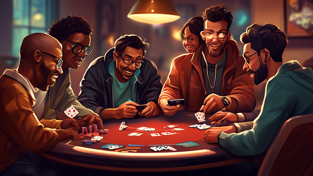 **DALL-E Prompt:** Create an illustration showing a diverse group of players engaging in a virtual free poker game online. The image should depict a digital poker table with chips and cards displayed, along with players of different ages and backgrounds focused on their screens. Include visual elements that suggest strategy, such as charts or notes, and emphasize the playful yet competitive atmosphere of online poker. Add a faint overlay of a bankroll management chart in the background to hint at smart playing strategies. The overall tone should be inviting and visually appealing, highlighting the excitement of playing free poker online.