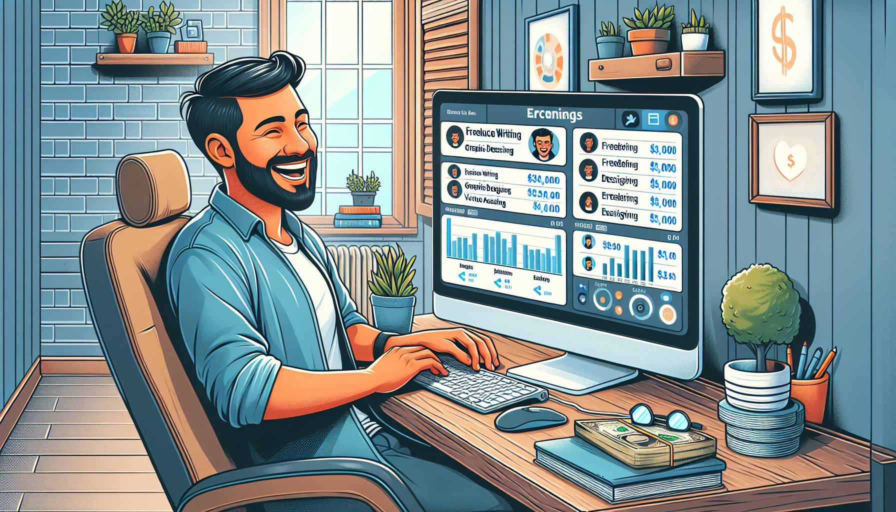 Digital artwork of a cheerful person sitting at a computer in a cozy home office, managing diverse tasks such as freelance writing, graphic design, and virtual assisting, all while logs of earnings are displayed on the screen, in a bright and inviting atmosphere.