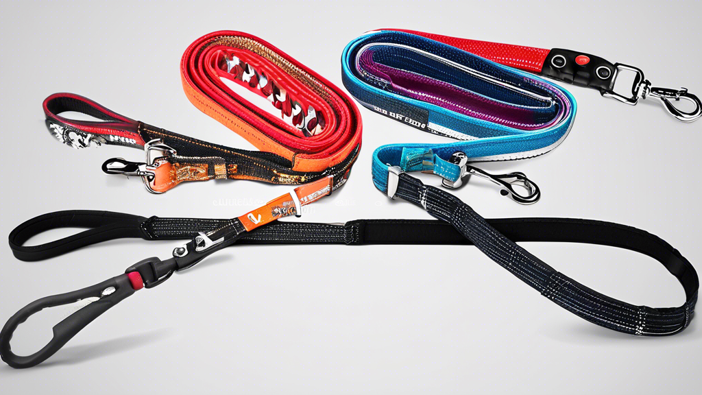 Generate an image showcasing a variety of strong dog leashes, focusing on key features like durability of materials (nylon, leather, chain), different types of secure clasps, various lengths, and adjustability options. Highlight handles with comfortable grips and include reflective or visibility features suitable for nighttime walks. Display leashes in an organized manner against a simple, clear background to emphasize their unique attributes.