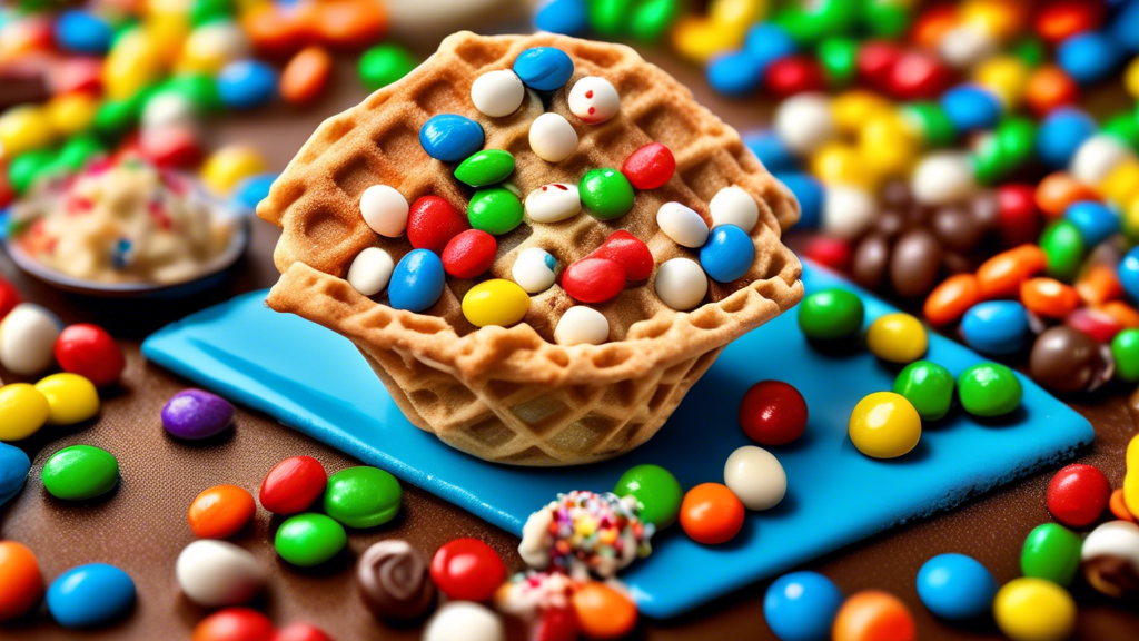 Diverse array of colorful Mini M&Ms artistically sprinkled over a scoop of vanilla ice cream inside a waffle cone, with a background of cookies and cupcakes decorated with Mini M&Ms, set on a vibrant picnic table.