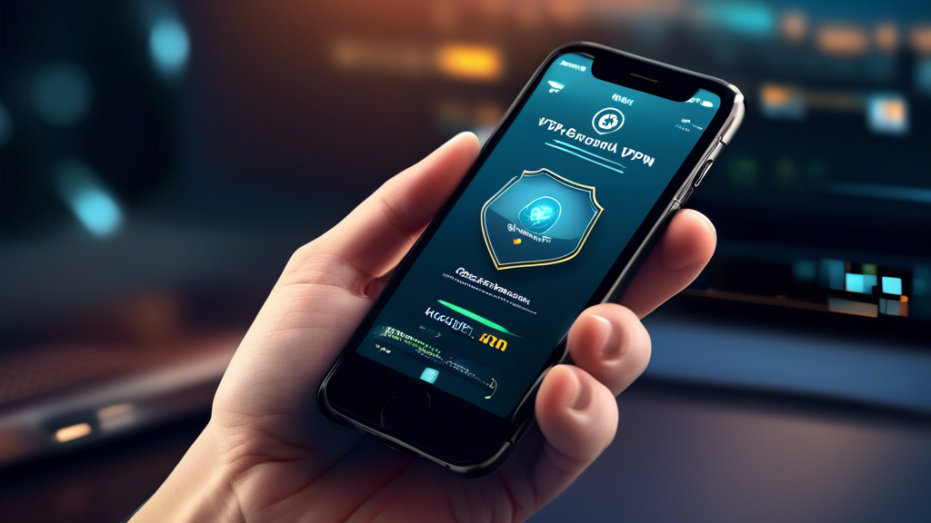 Create an image that highlights the key features of the best free VPN for iPhone: showcase a sleek iPhone screen displaying a user-friendly VPN app interface, highlighting elements like high-speed connection, unlimited bandwidth, and advanced security protocols, with icons representing privacy protection, fast internet speeds, and robust security. Include visual symbols like a shield for security, a speedometer for speed, and a simplistic design to emphasize ease of use. The background should be a mix of blue and green hues to symbolize trust and security.