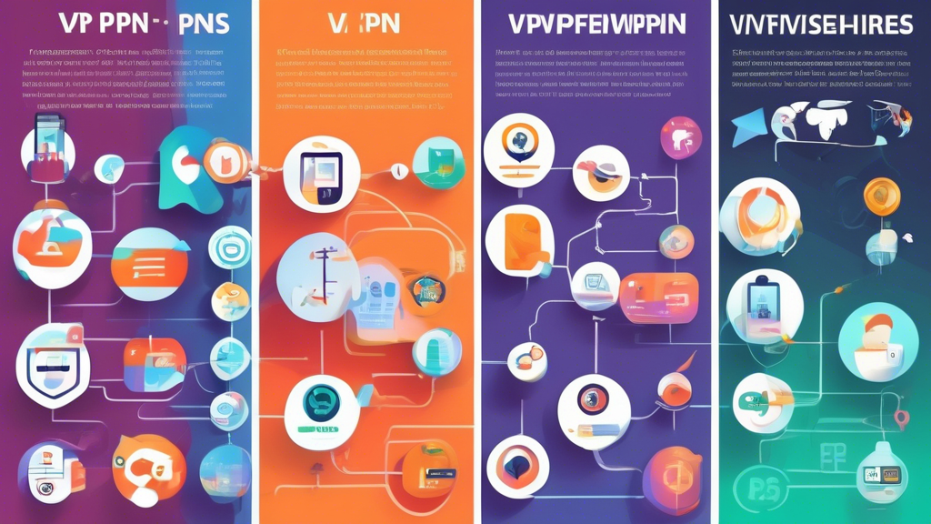Create a detailed and colorful infographic-style illustration, featuring the top free VPN apps for iPhone. The image should include icons of different VPN services, each with a brief highlight of their pros and cons. Additionally, show a simplified step-by-step installation and usage guide for these VPNs on an iPhone, ensuring the steps are depicted clearly with corresponding visuals. Incorporate elements like iPhones, app icons, and secure connection symbols to convey the topic effectively.

Keyword: best free vpn for iphone.